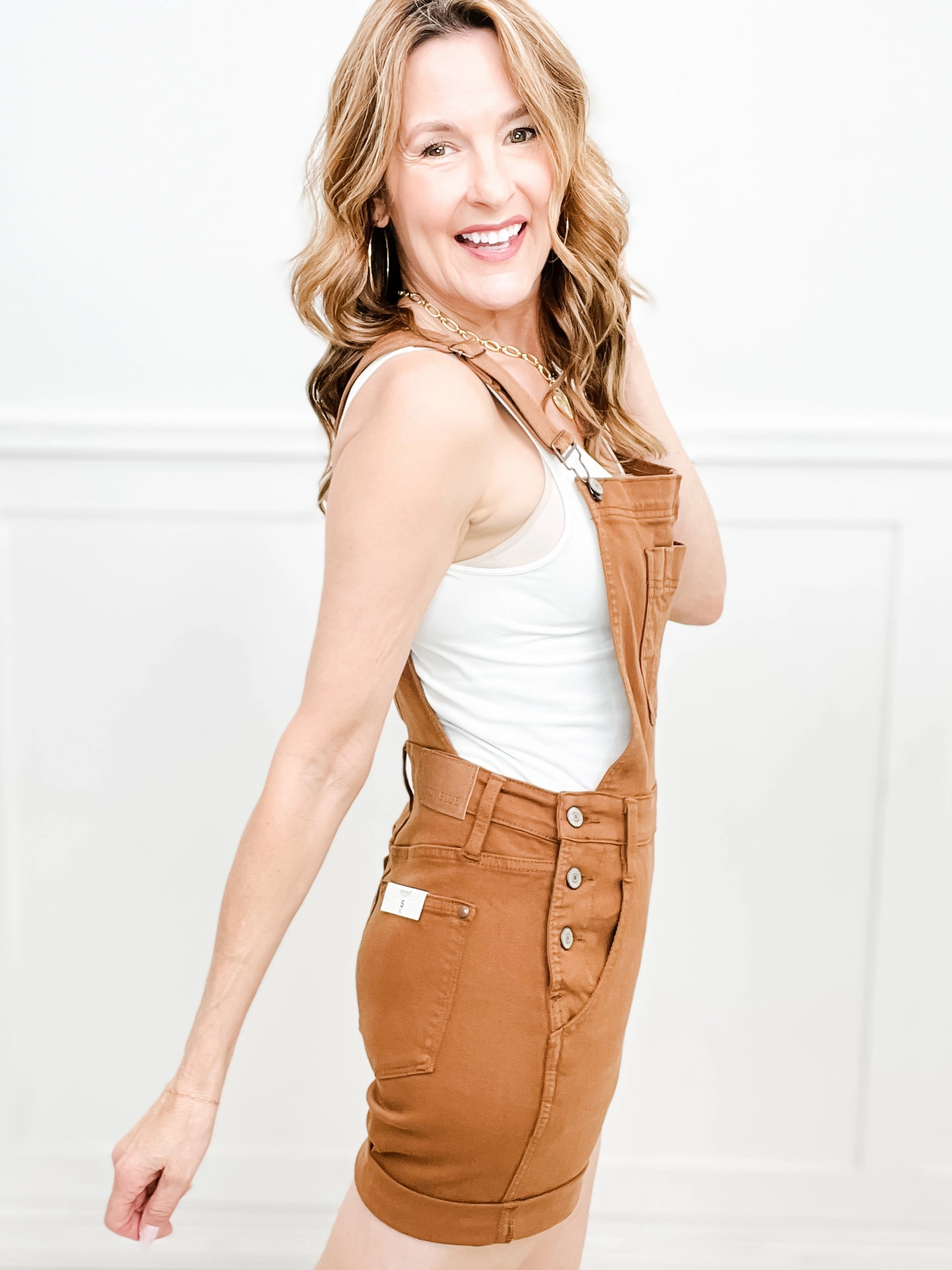 Judy Blue High-Rise Brown Garment Dyed Distressed Cuff Short Overalls Night Out Parent Style Style Essential