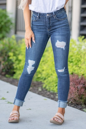 Youth Style Weekend Style Rainy Day KanCan Payton High Rise Cuffed Skinny Jeans Dark Blue Wash