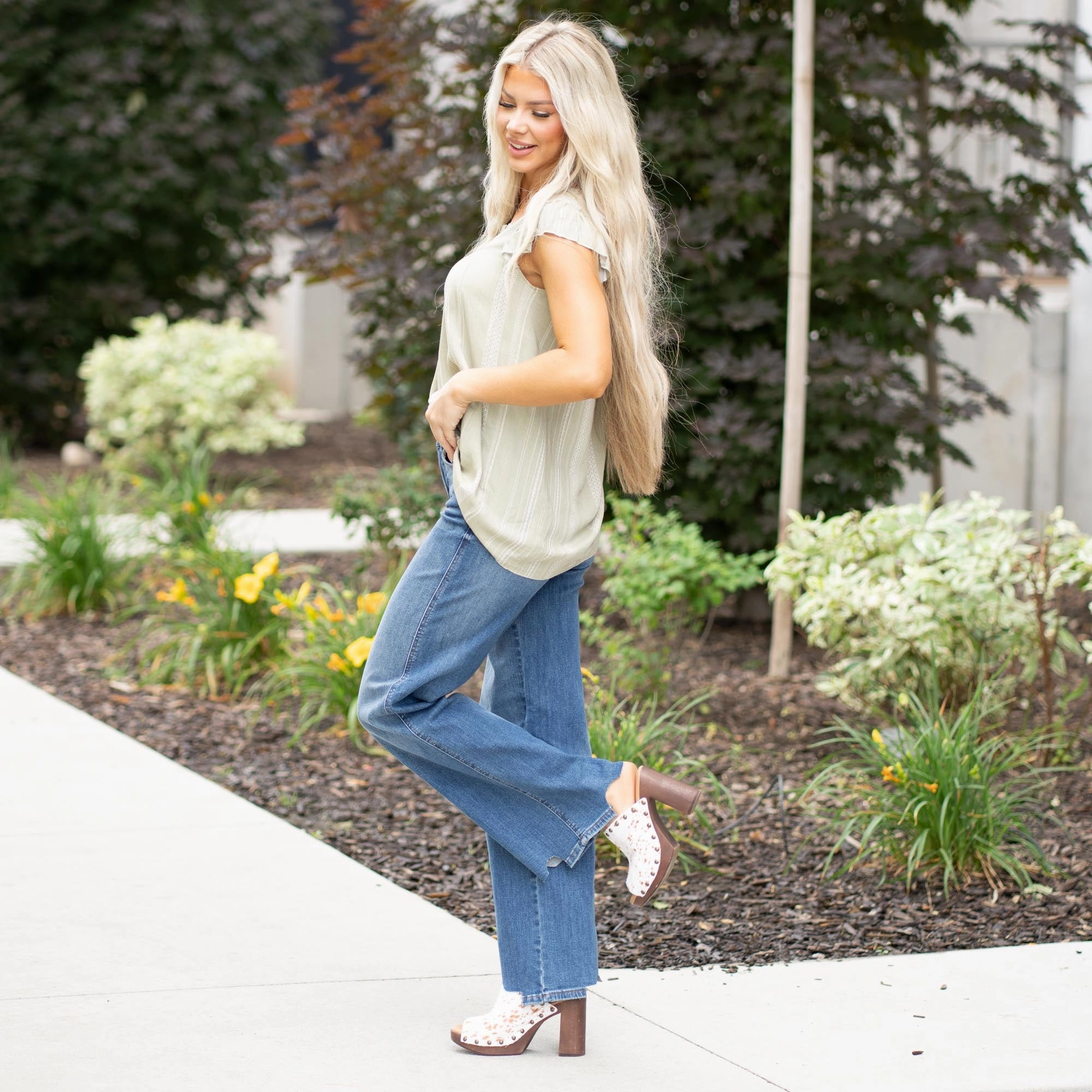 Rebel High Rise Tummy Control Wide Leg Regular & Plus Sizes Distressed Detailing Casual Morning Stroll