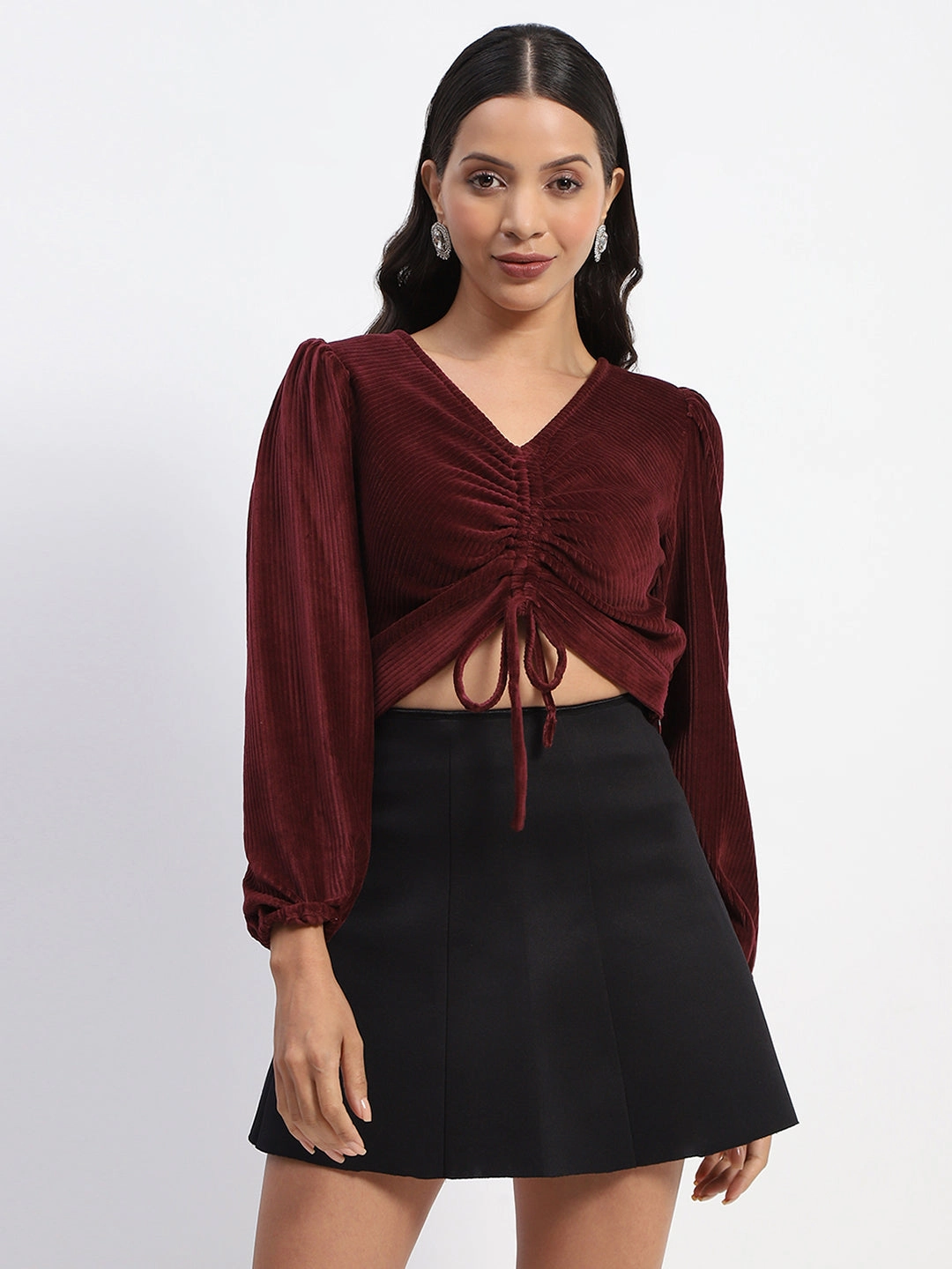 Recycled Polyester Blend Moisture Control Technology Madame Ruched V Neck Puff Sleeve Velvet Crop Top