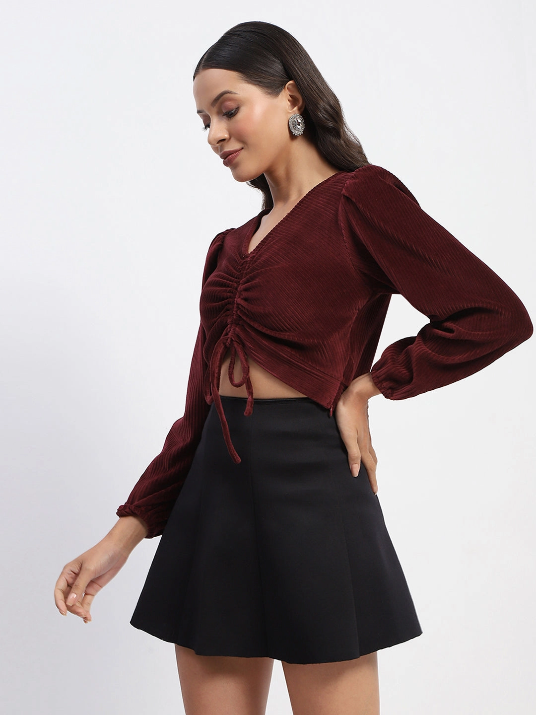 BoxyCrop Madame Ruched V Neck Puff Sleeve Velvet Crop Top