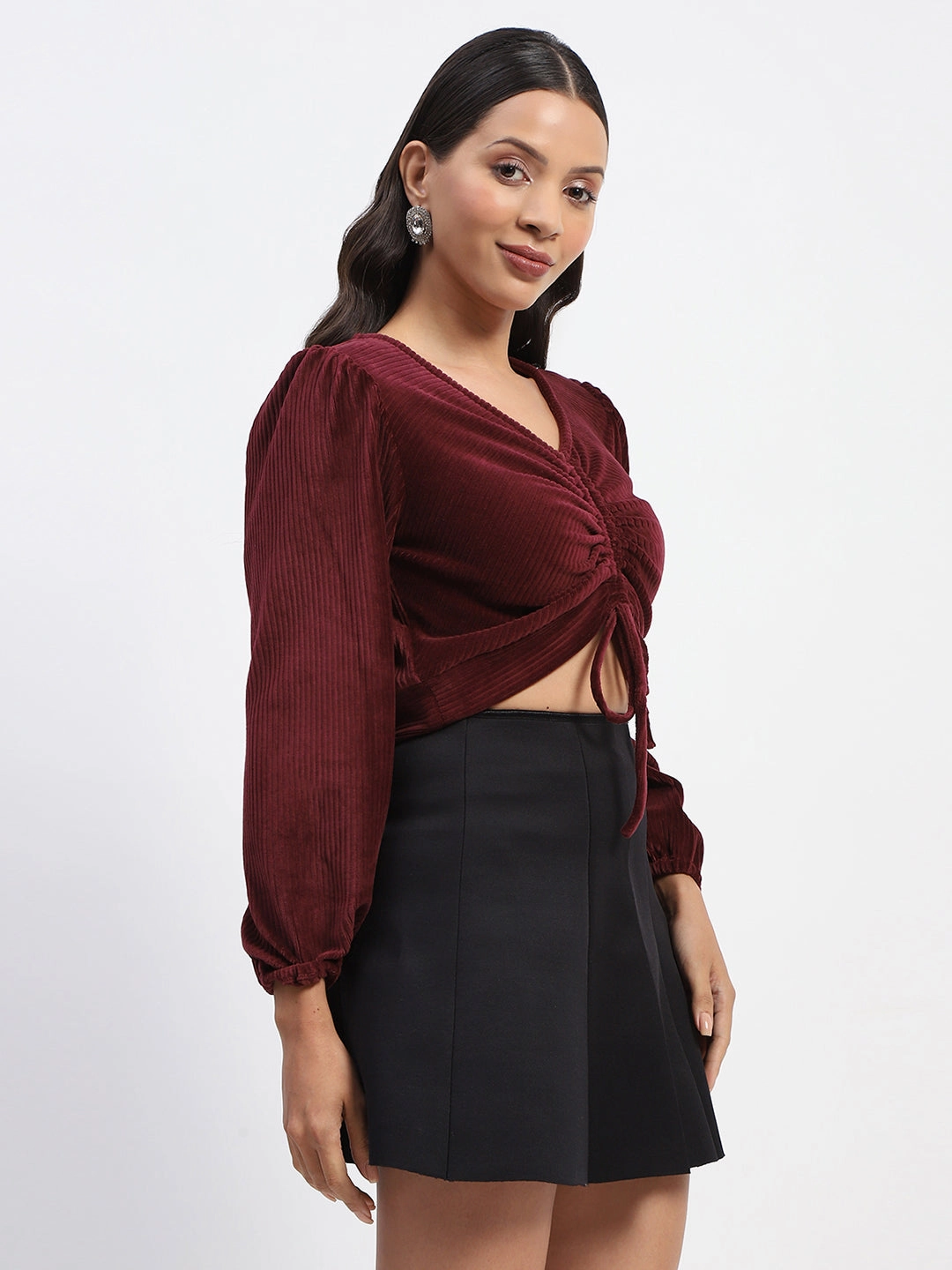 Madame Ruched V Neck Puff Sleeve Velvet Crop Top Summer Polo