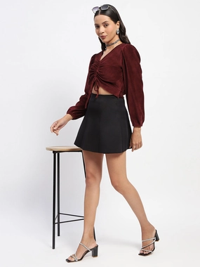 DoubleStitched Construction Madame Ruched V Neck Puff Sleeve Velvet Crop Top