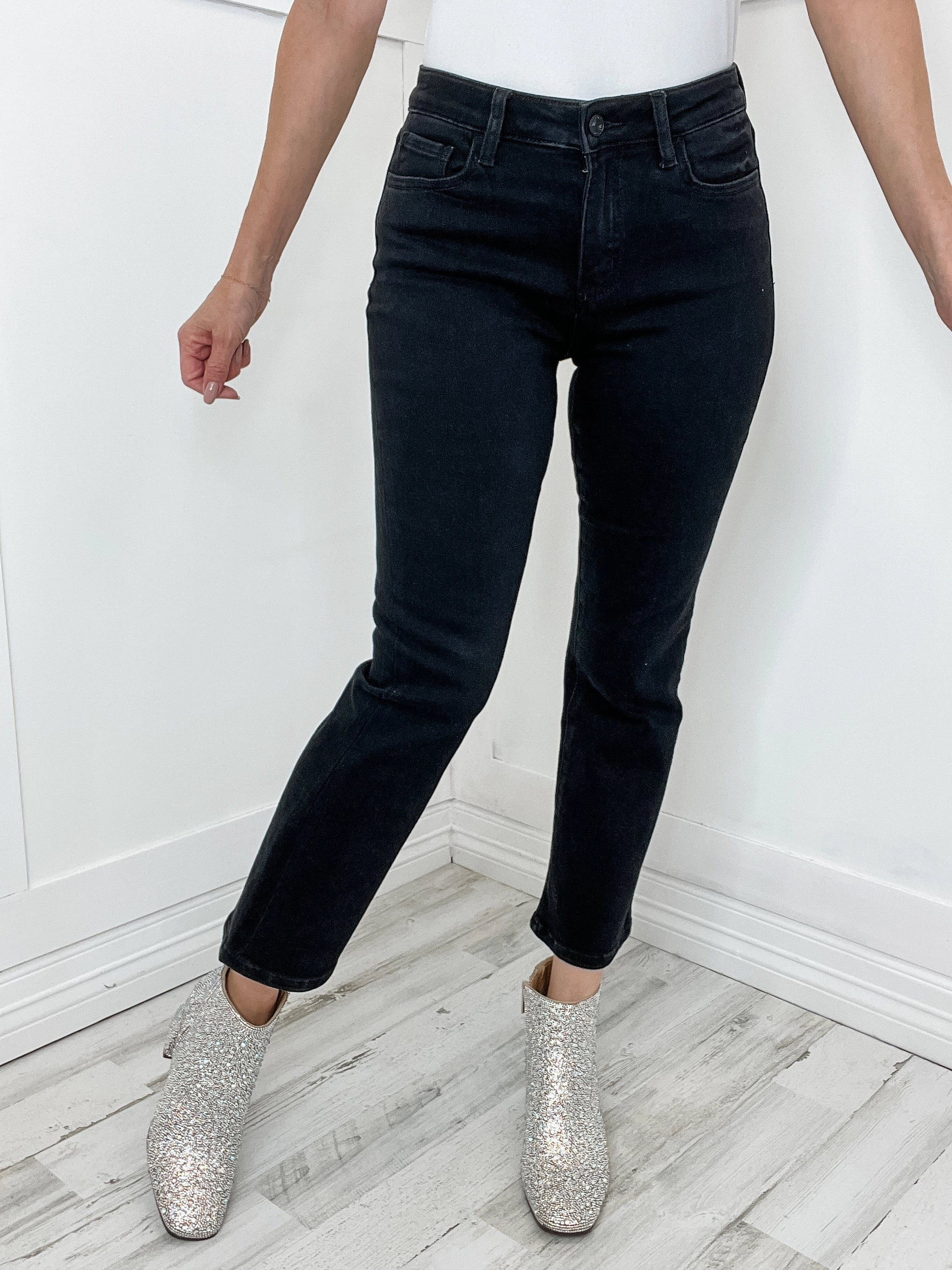 Vervet "Margot" High Rise Kick Flare Black Jean Cropped length Stain Release Finish