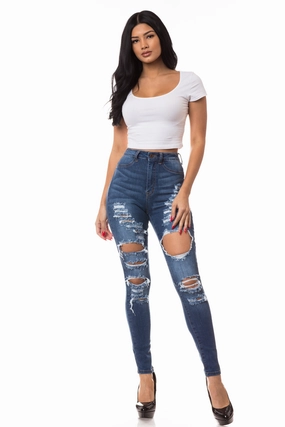 4434 Women's High Waisted Distressed Skinny Jeans with Cut Outs Travel Outfit Casual Stretch Trendy Fit