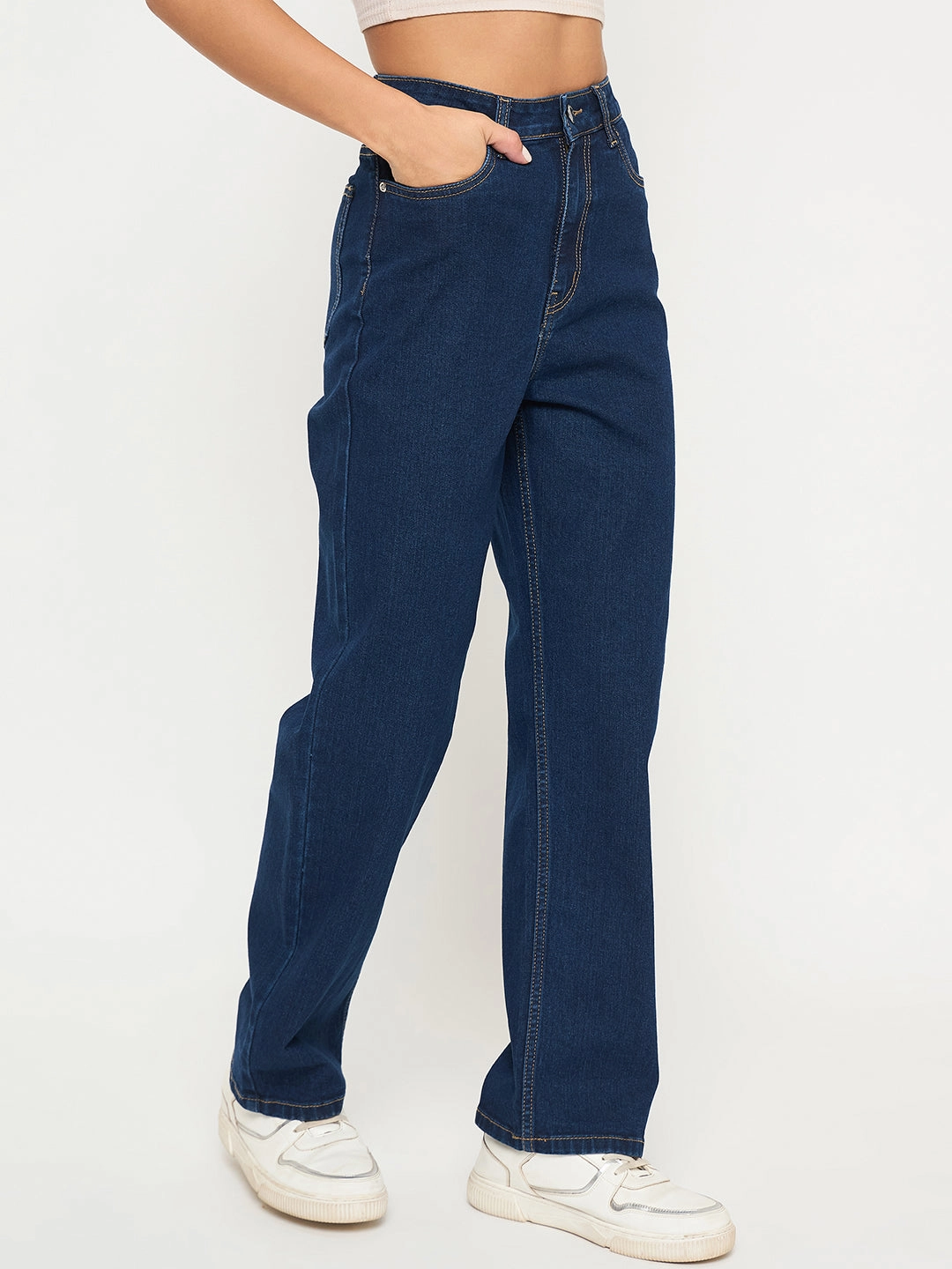 Sustainable Creative Look Madame Acid Wash Dark Blue Cotton Blend Straight Jeans