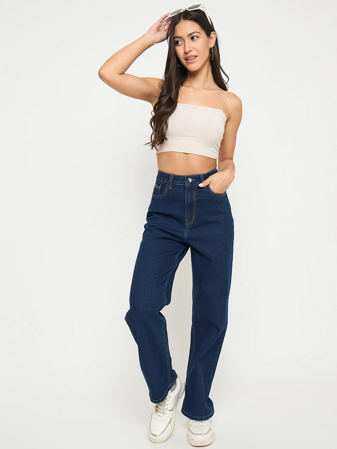 Functional Style Vintage Wash Madame Acid Wash Dark Blue Cotton Blend Straight Jeans