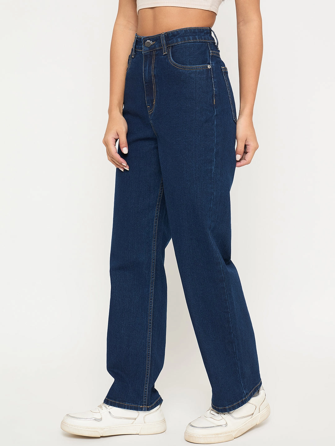 Madame Acid Wash Dark Blue Cotton Blend Straight Jeans Match With All