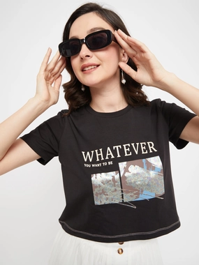 Casual Jacket Madame Black Typography Cotton T-Shirt