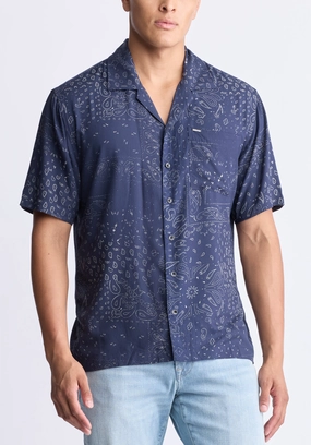 Santi Men's Paisley Print Short-Sleeve Shirt, Midnight Blue - BM24521 Subtle pattern Functional Comfort