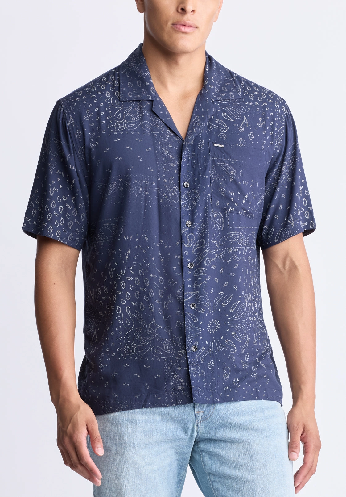 Santi Men's Paisley Print Short-Sleeve Shirt, Midnight Blue - BM24521 Subtle pattern Functional Comfort