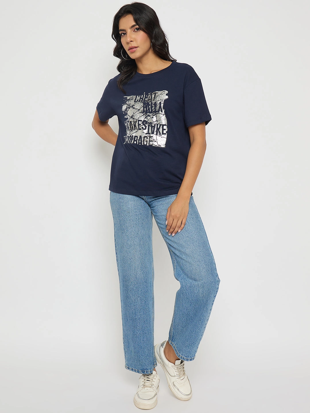 Laser Cut Edges Madame Graphic And Typography Print Navy Blue Cotton T-Shirt