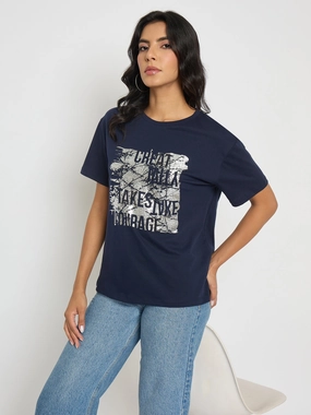 Moisture Wicking Technology Madame Graphic And Typography Print Navy Blue Cotton T-Shirt