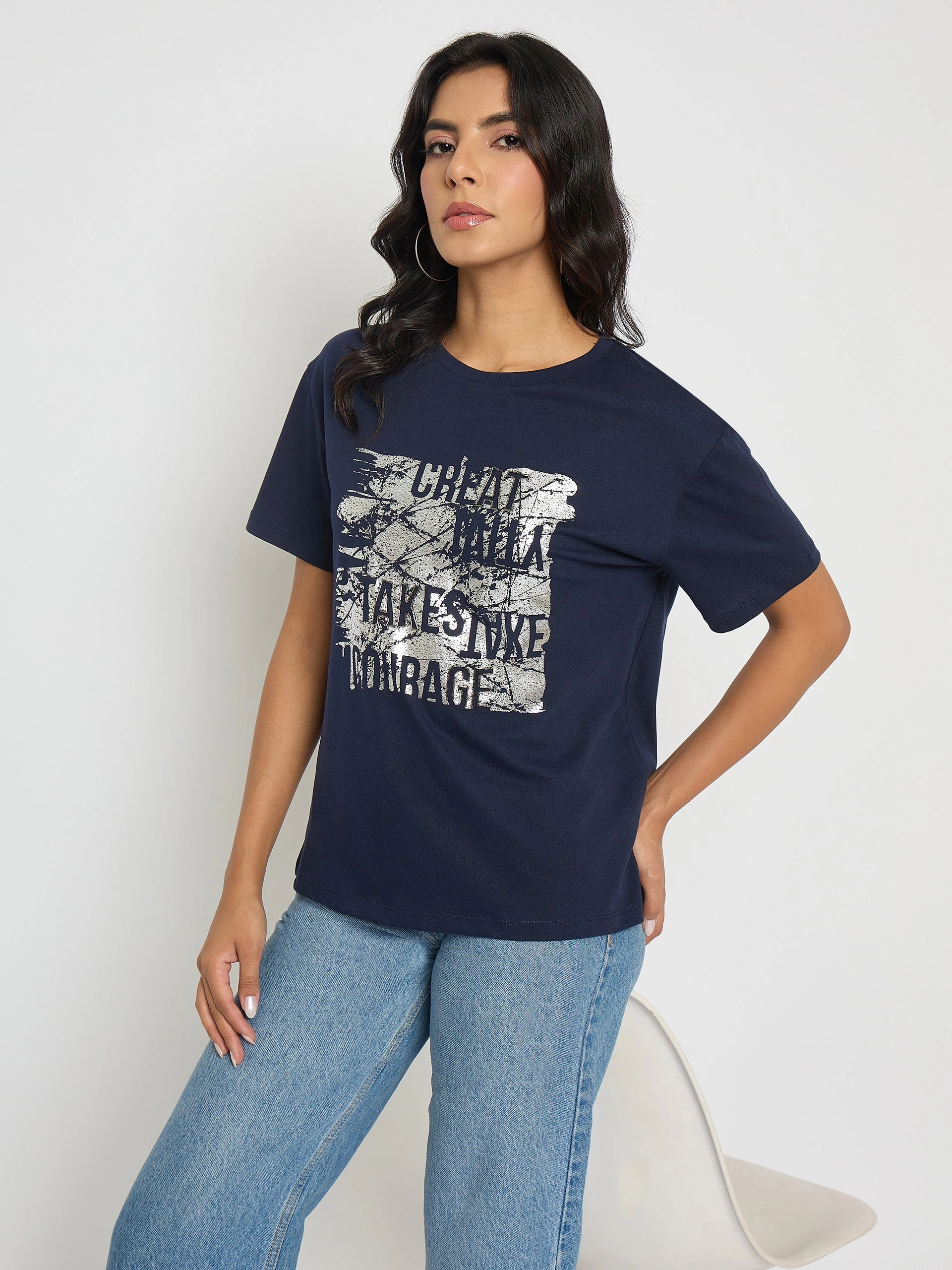 Moisture Wicking Technology Madame Graphic And Typography Print Navy Blue Cotton T-Shirt