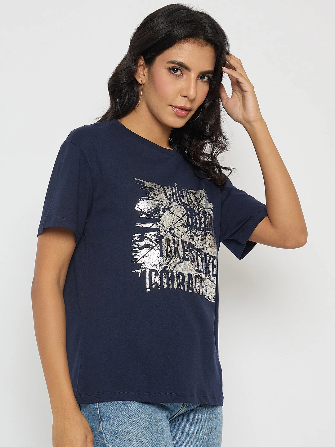 Layered Ventilation Zones Madame Graphic And Typography Print Navy Blue Cotton T-Shirt