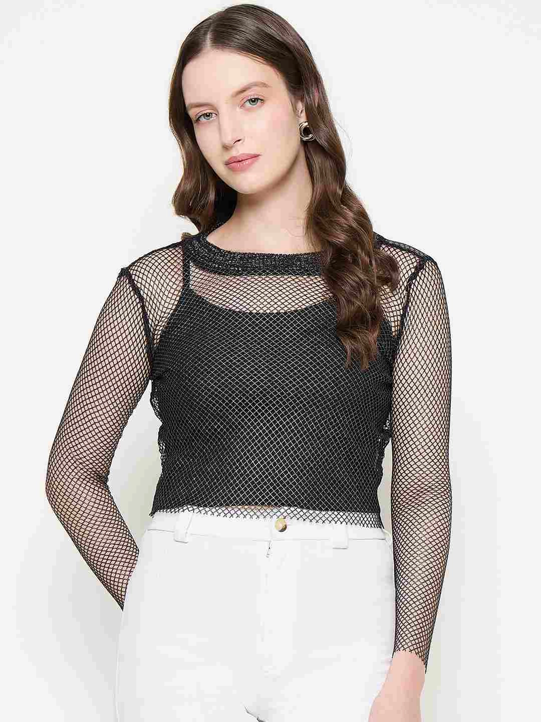 Formal Wear Durable Overlock Stitch Madame Mesh Mock Neck Spaghetti Solid Black Top