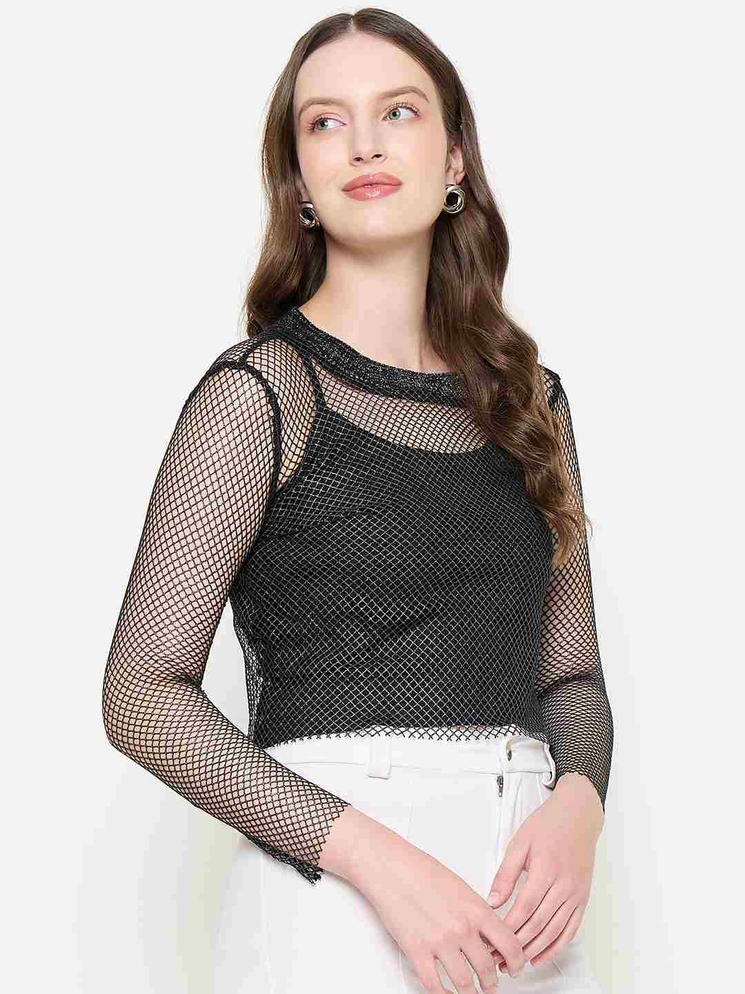 Ventilated Side Panels Madame Mesh Mock Neck Spaghetti Solid Black Top