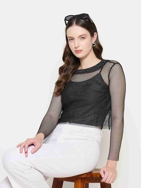 Madame Mesh Mock Neck Spaghetti Solid Black Top Thermal Regulating Design