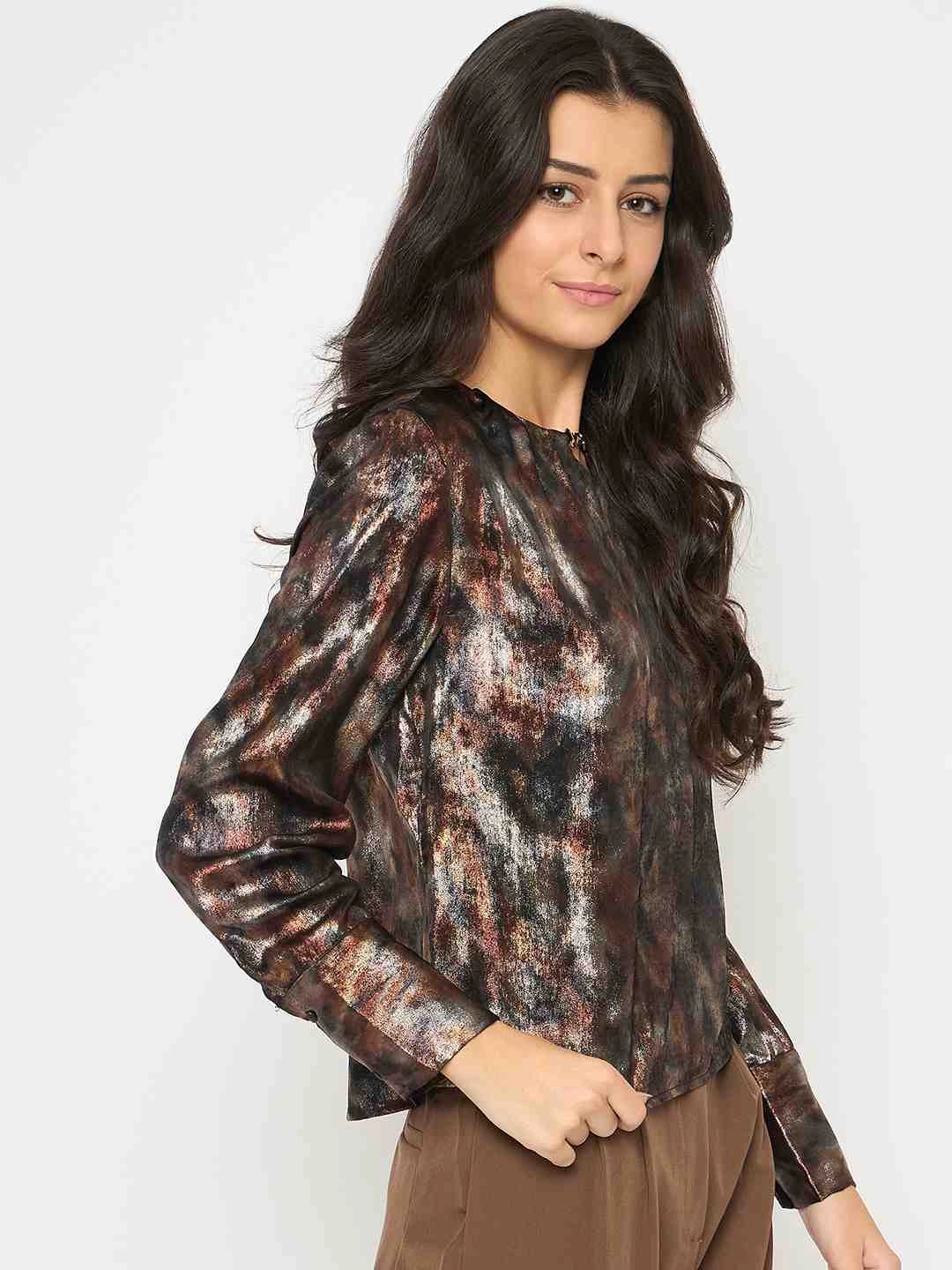 Flattering Drape Reversible Layering Tech Madame Metal Buckled Neckline Tie Dye Black Satin Top