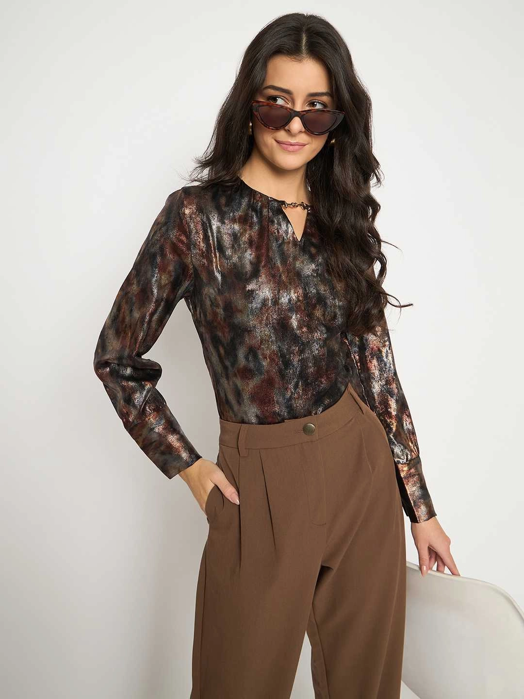 Soft Touch Feel ContouredPanels Madame Metal Buckled Neckline Tie Dye Black Satin Top