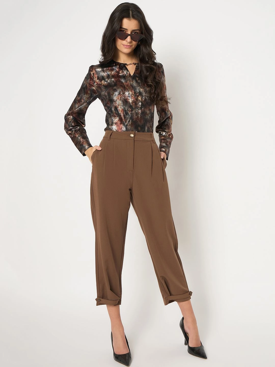 Madame Metal Buckled Neckline Tie Dye Black Satin Top Classic Hoodie LayeredDurability