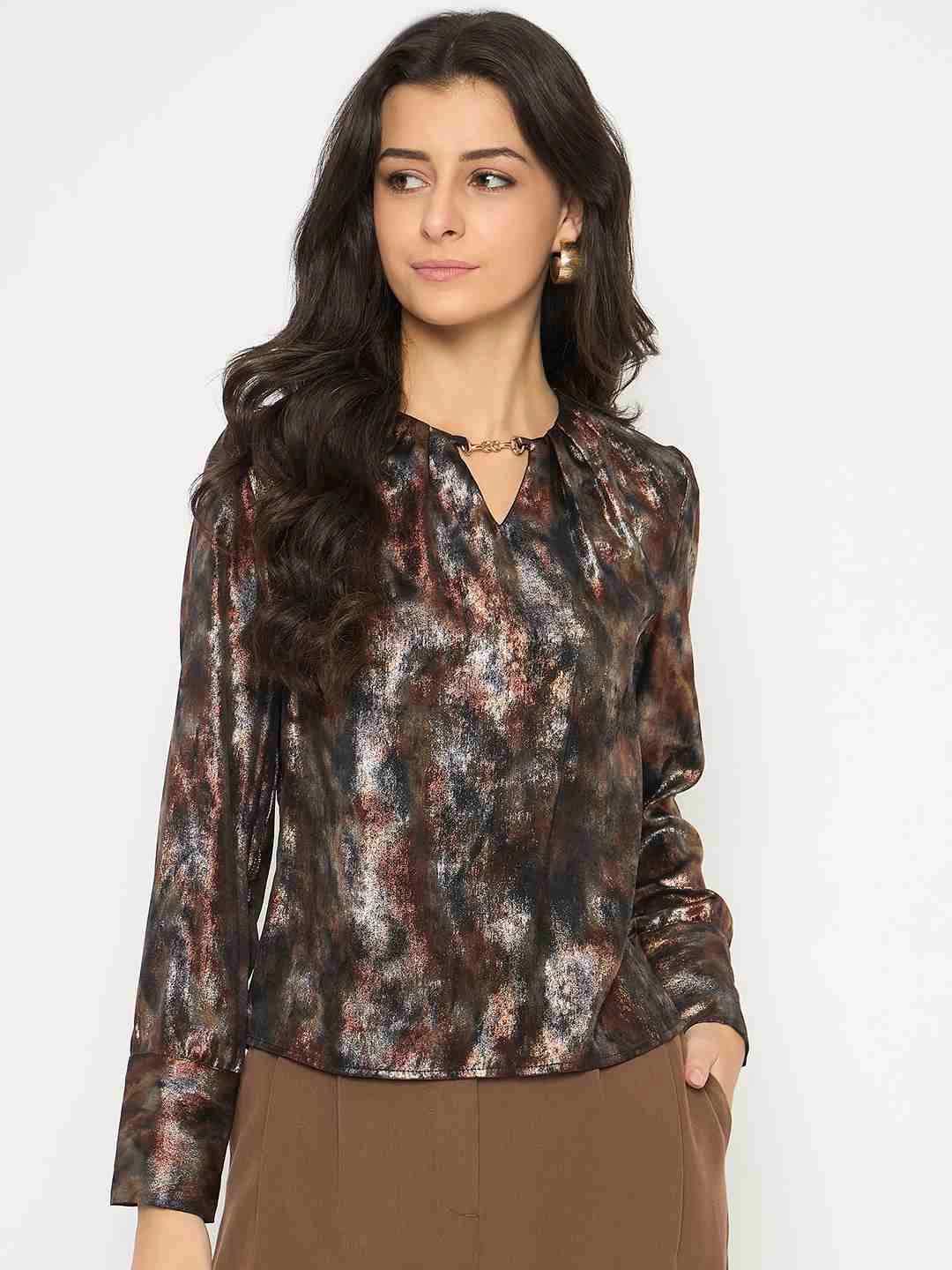 MinimalistStyle Madame Metal Buckled Neckline Tie Dye Black Satin Top