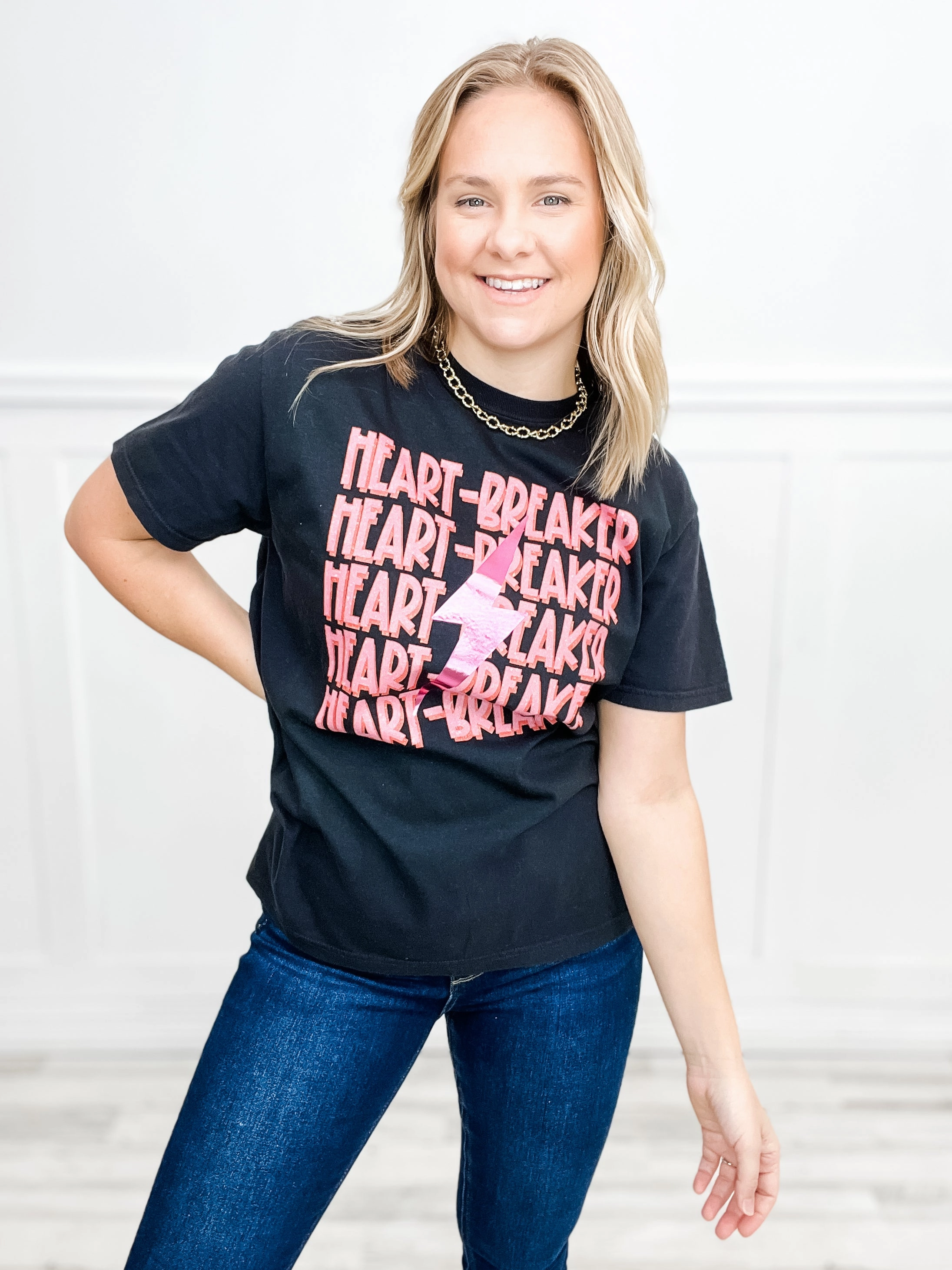 Soft Touch Feel Heartbreaker Pink Foiled Graphic Top