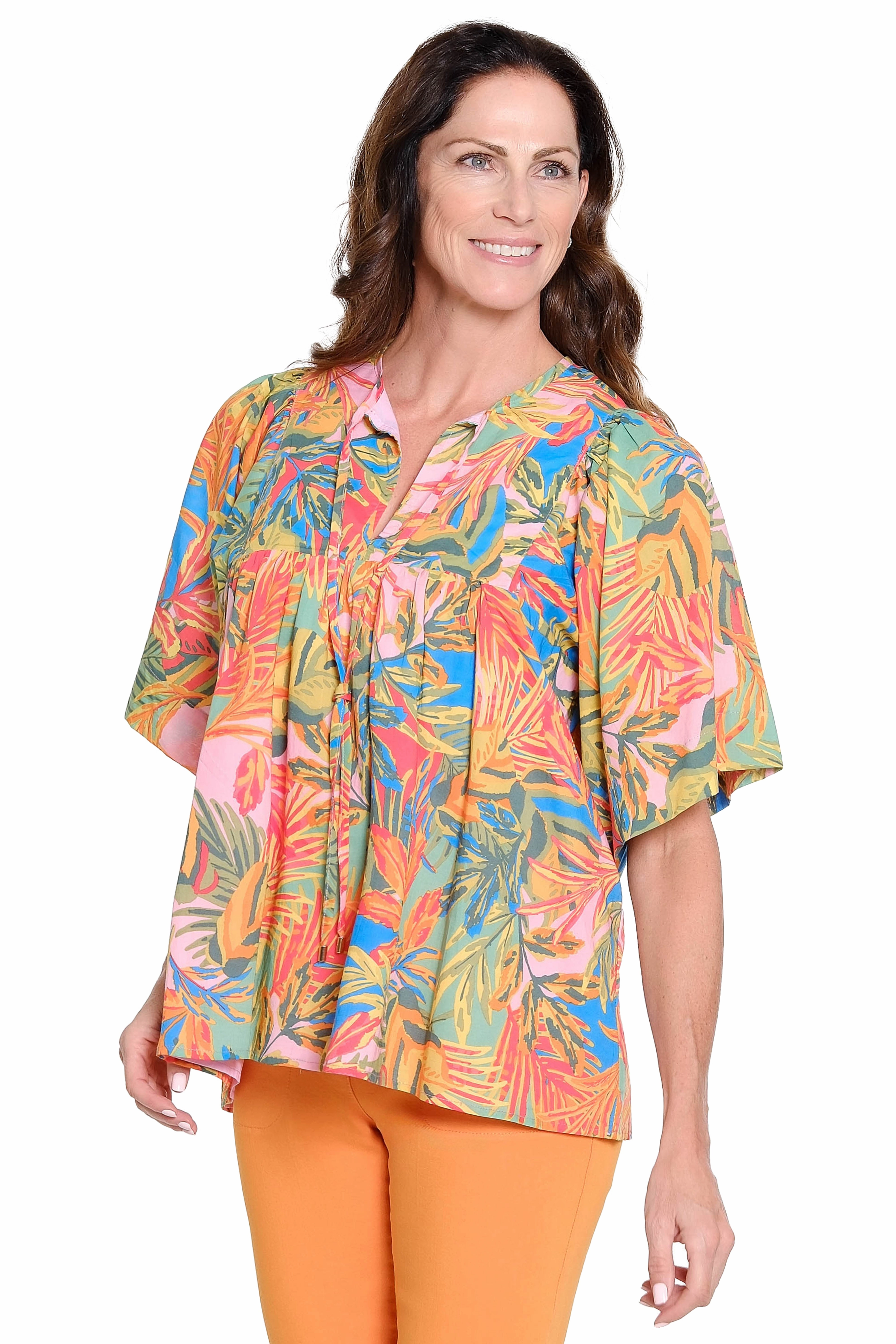 Low Profile Collar Flexible Shoulder Gusset Print Tie-Neck Shirred Top - Multi