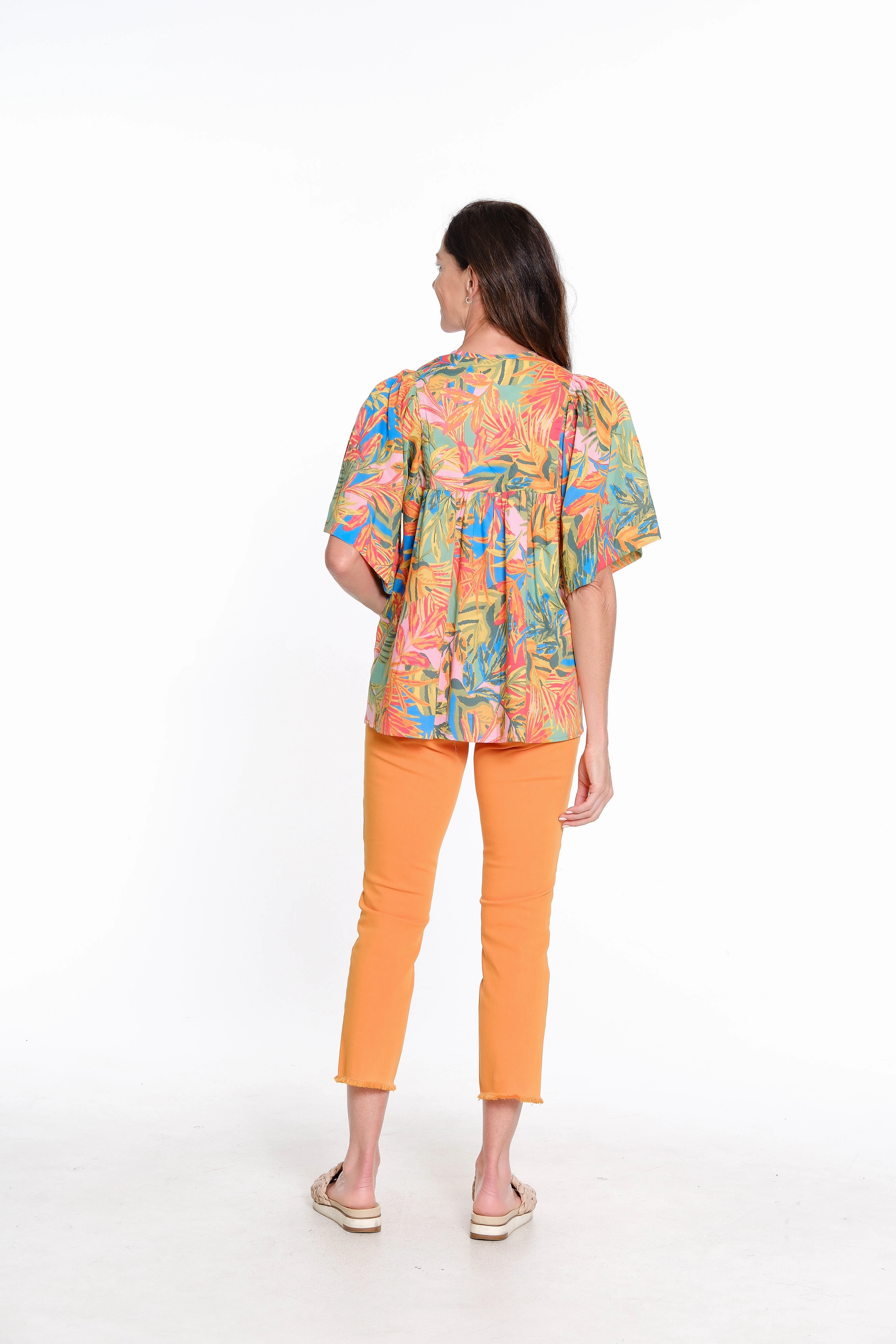 HighNeckCut High Collar Protection Design Print Tie-Neck Shirred Top - Multi