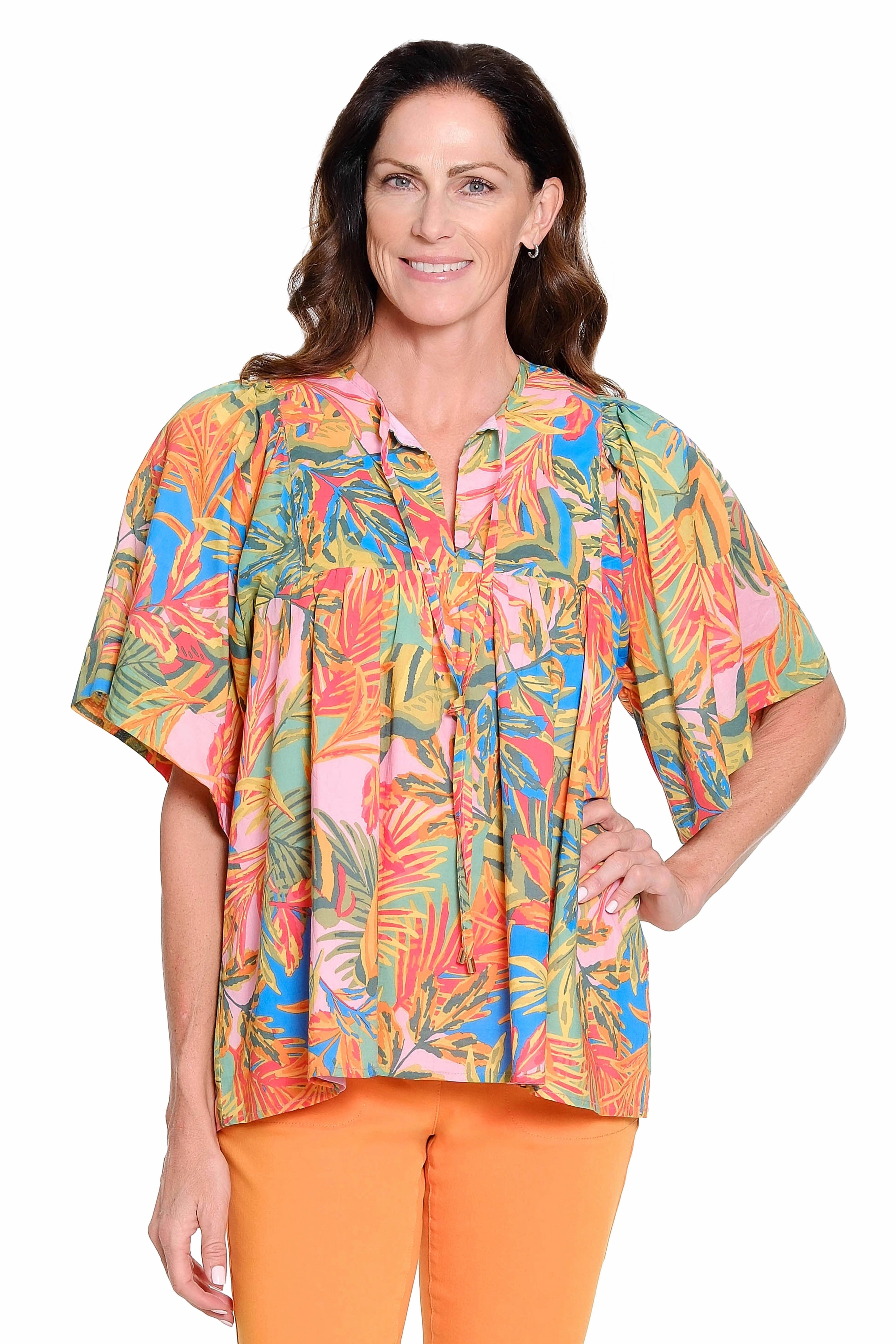 Breathable Mesh Insert Print Tie-Neck Shirred Top - Multi