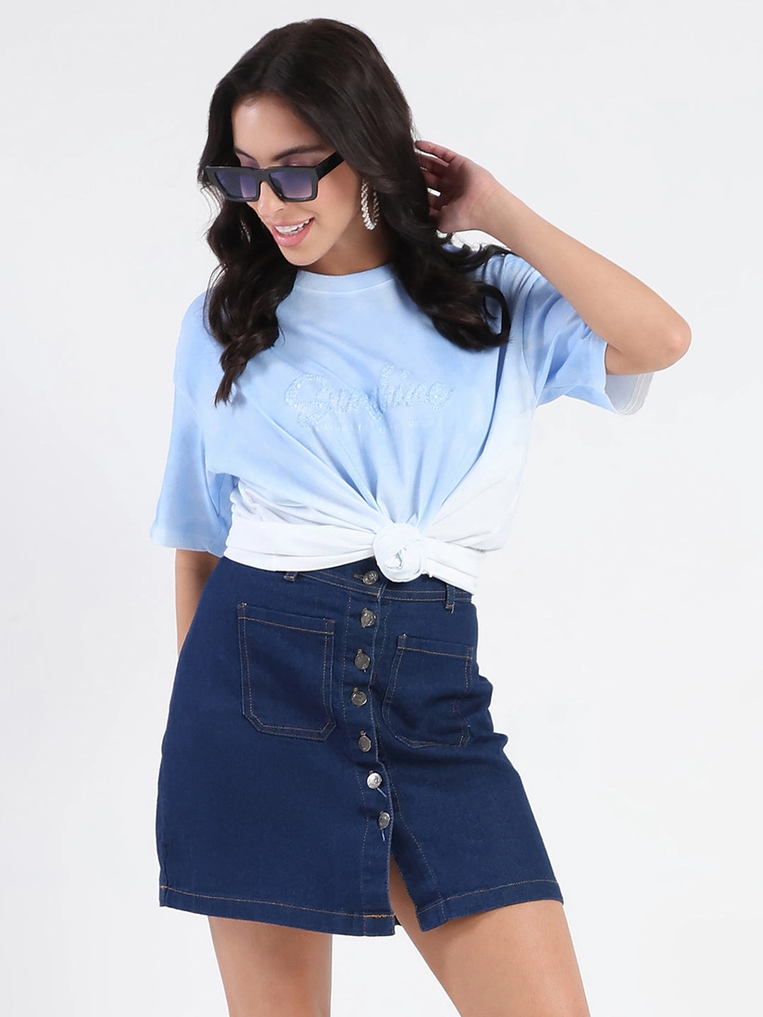 Layered Hem Reinforcement Minimalist Styling Madame Ombre Loose Fit Sky Blue Oversize Cotton T-shirt