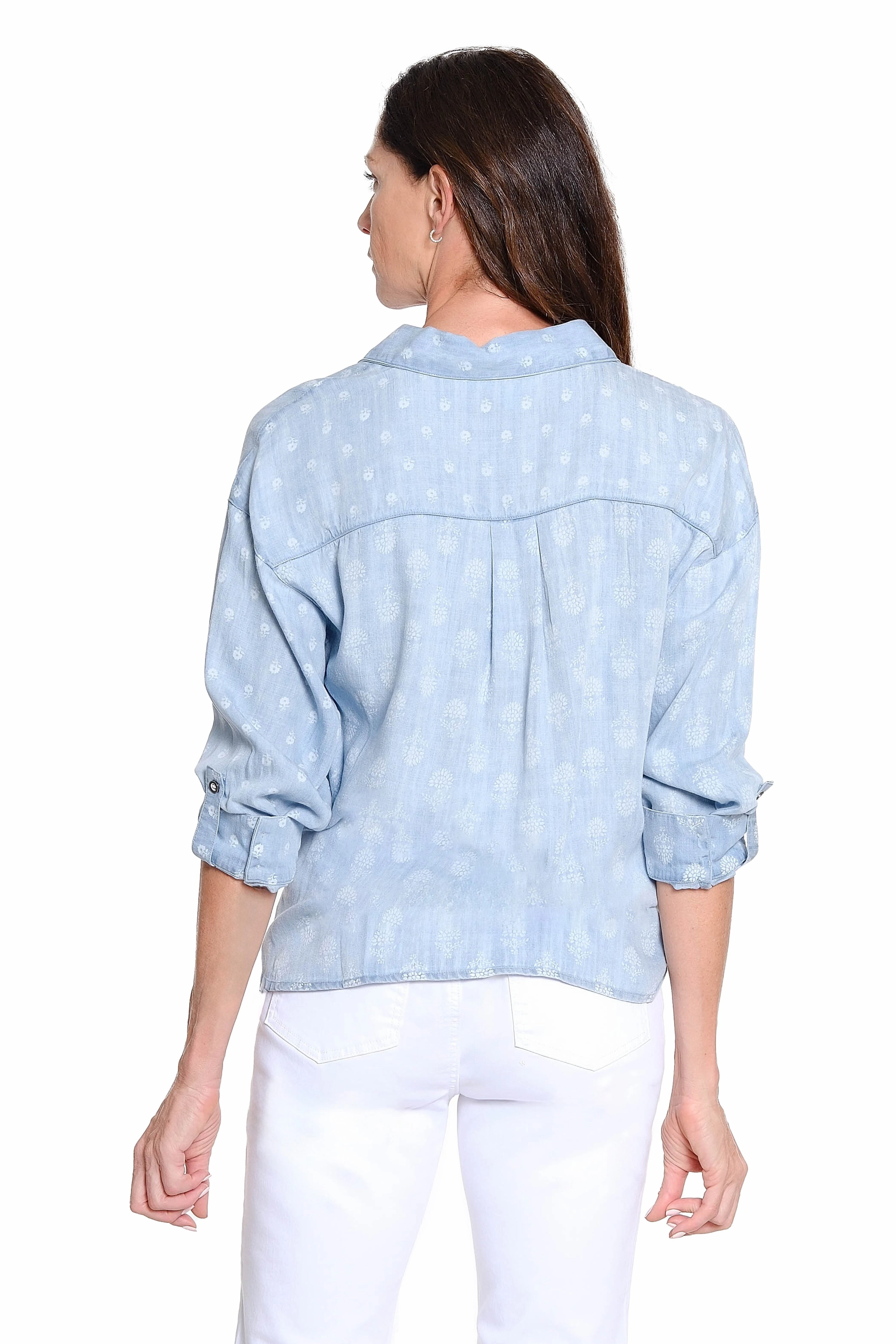 TonalStitching Polka Dot Print Twist Front Button-Up Shirt - Chambray