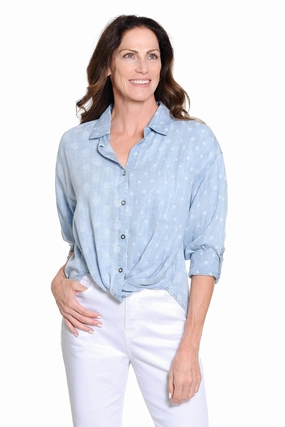 AntiMicrobialLining AirflowVents Polka Dot Print Twist Front Button-Up Shirt - Chambray