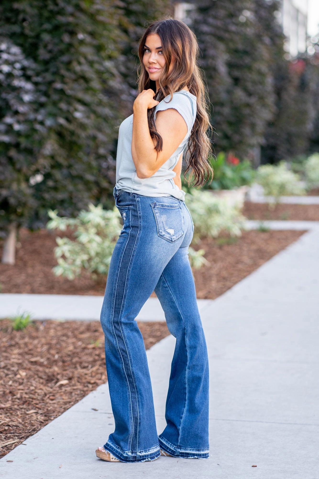 KanCan Clemont High Rise Released Hem Flare Dark Blue Wash Perfect Fit Waist Casual Cool