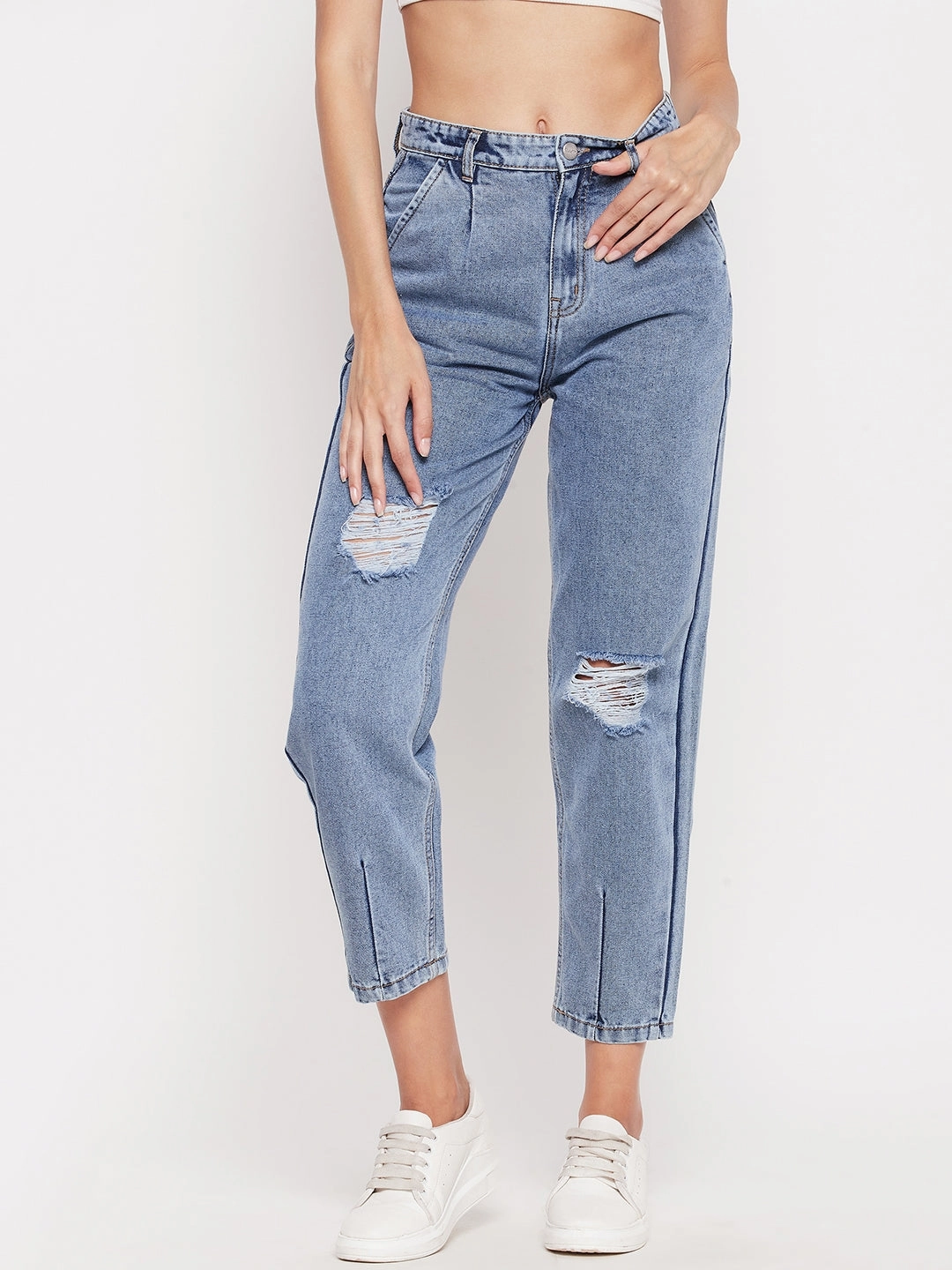 Utility Fit Madame High-Distressed Calf-Length Slim Light Blue Jeans