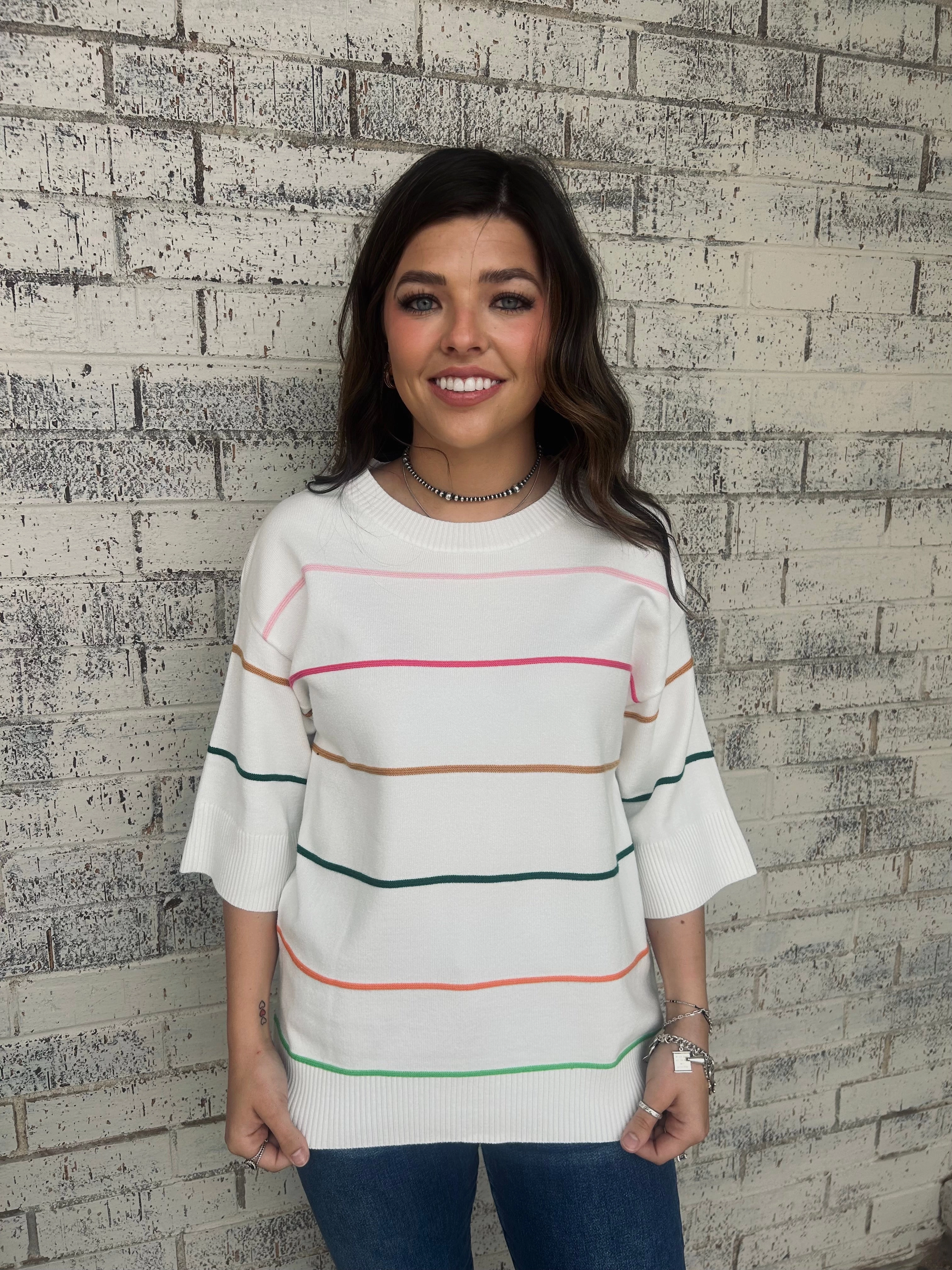 Compact TravelFriendly Design QuickDryTech White Striped Half Sleeve Drop Shoulder Sweater Top