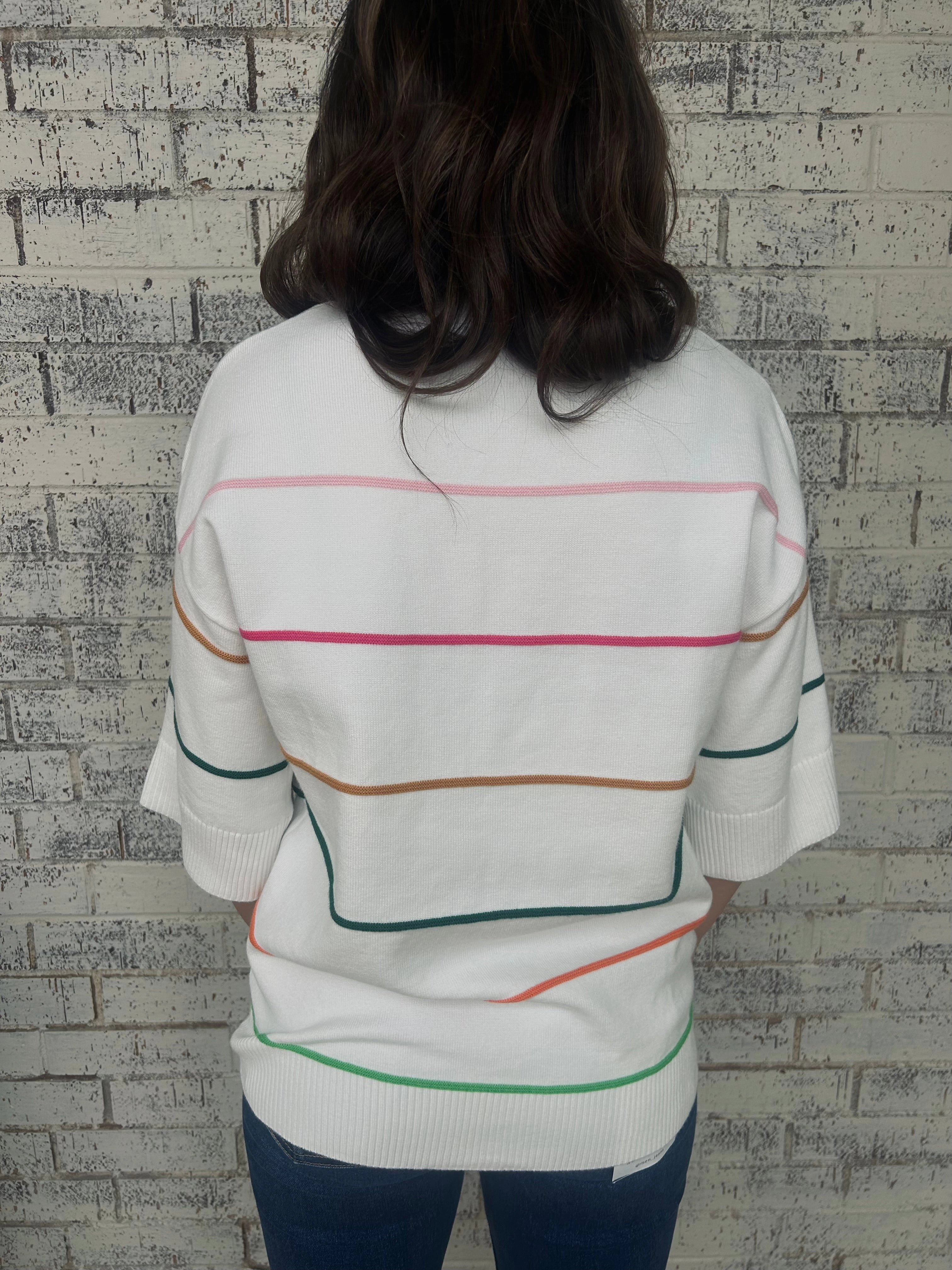 QuickRelease Closures White Striped Half Sleeve Drop Shoulder Sweater Top