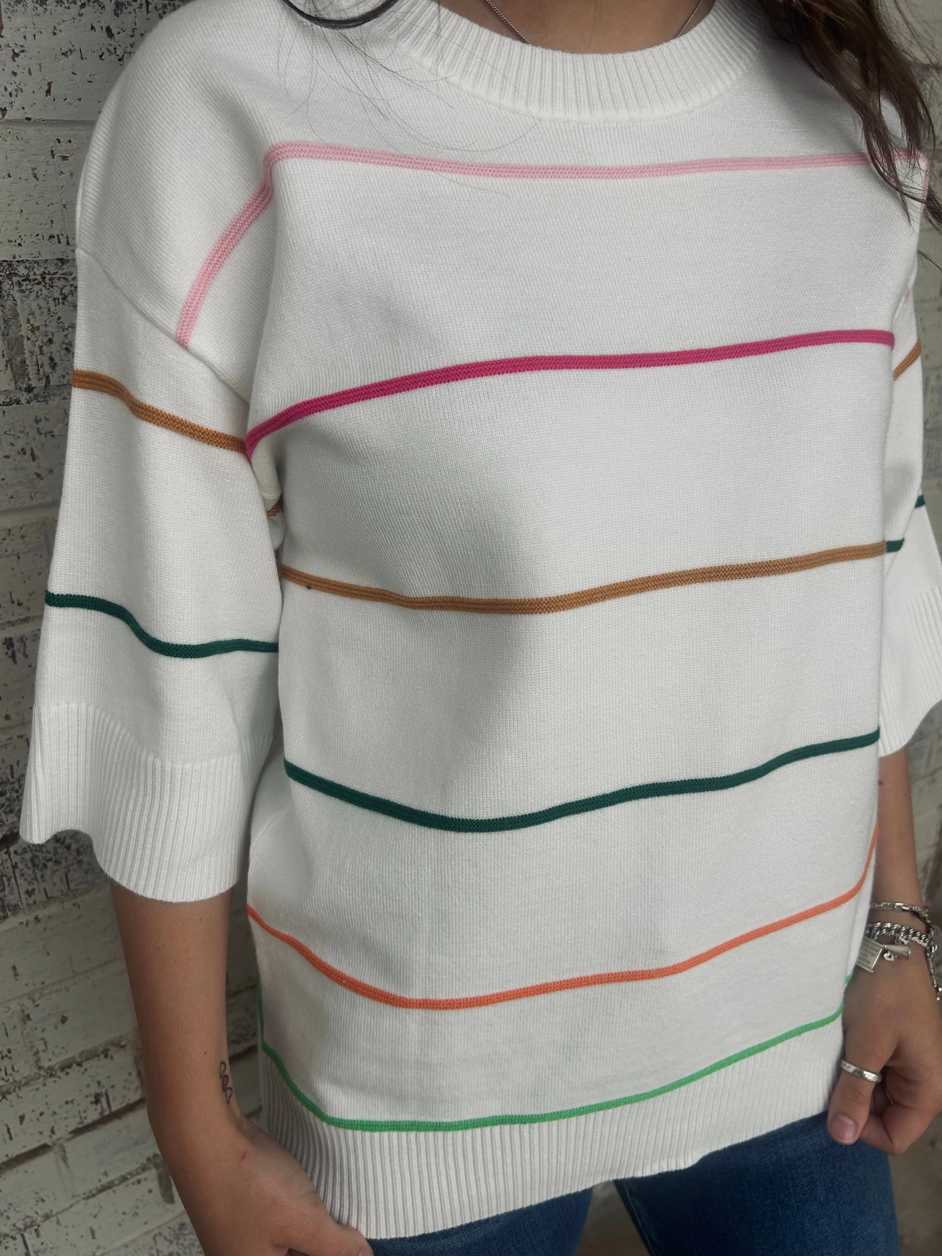 White Striped Half Sleeve Drop Shoulder Sweater Top DropShoulder