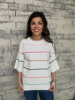 White Striped Half Sleeve Drop Shoulder Sweater Top Moisture Control Technology