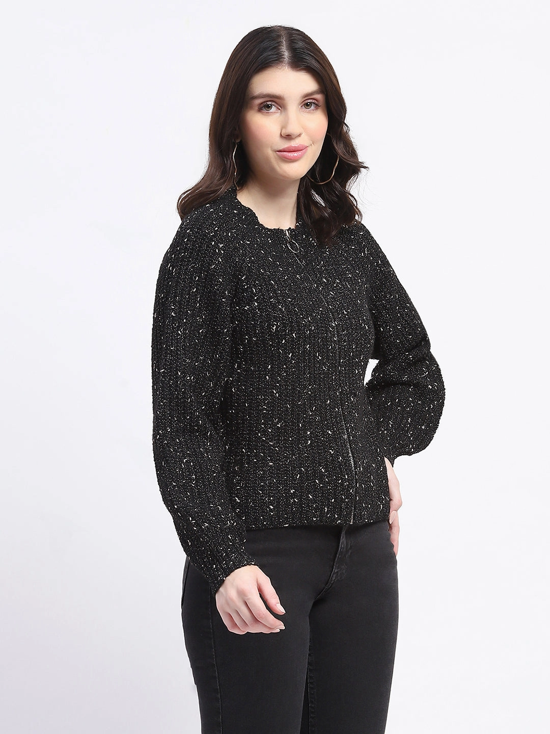 Madame Speckled Zip Up Black Acrylic Sweater Breathable Stretch