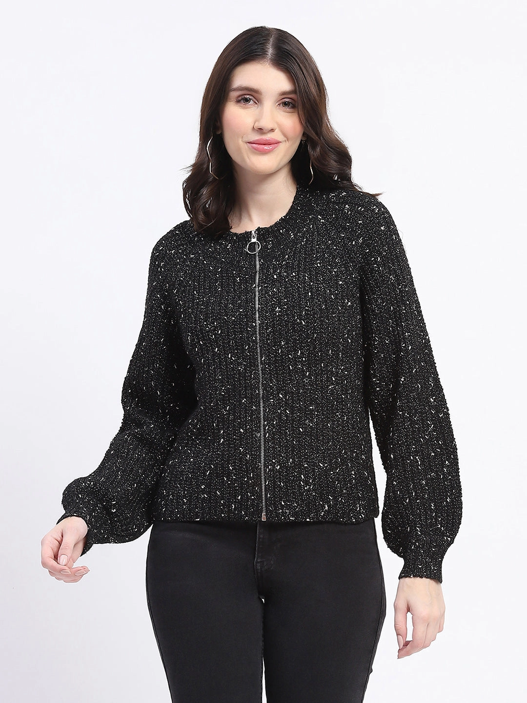 Madame Speckled Zip Up Black Acrylic Sweater Snuggly Design Moisture Wicking Fibers