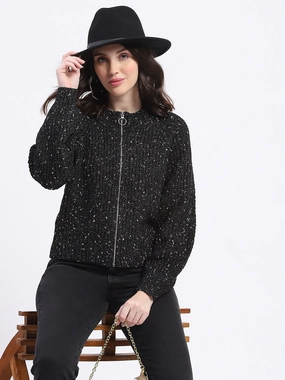Madame Speckled Zip Up Black Acrylic Sweater Long Lasting Elasticity