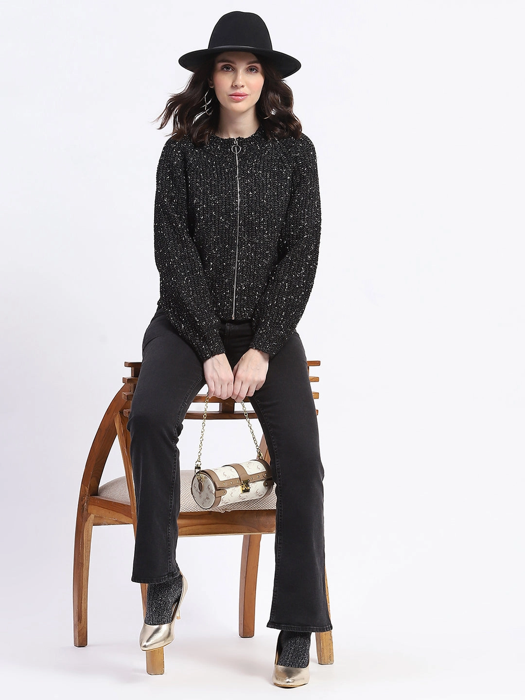 Madame Speckled Zip Up Black Acrylic Sweater Brushed Interior Snuggle Wear