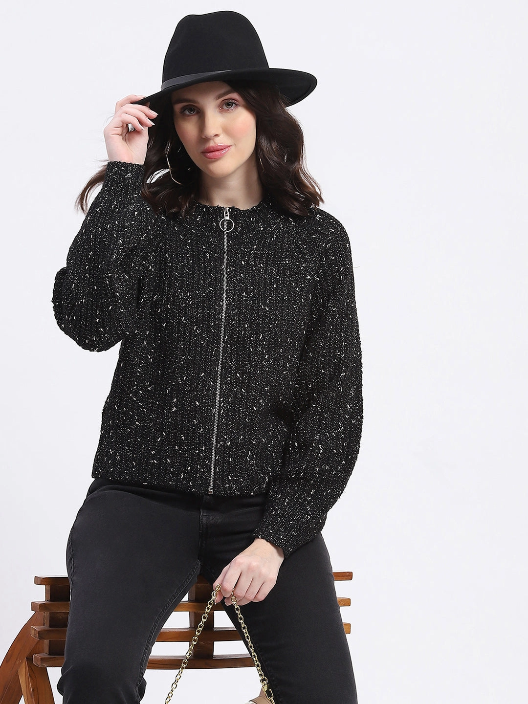 Madame Speckled Zip Up Black Acrylic Sweater Long Lasting Elasticity