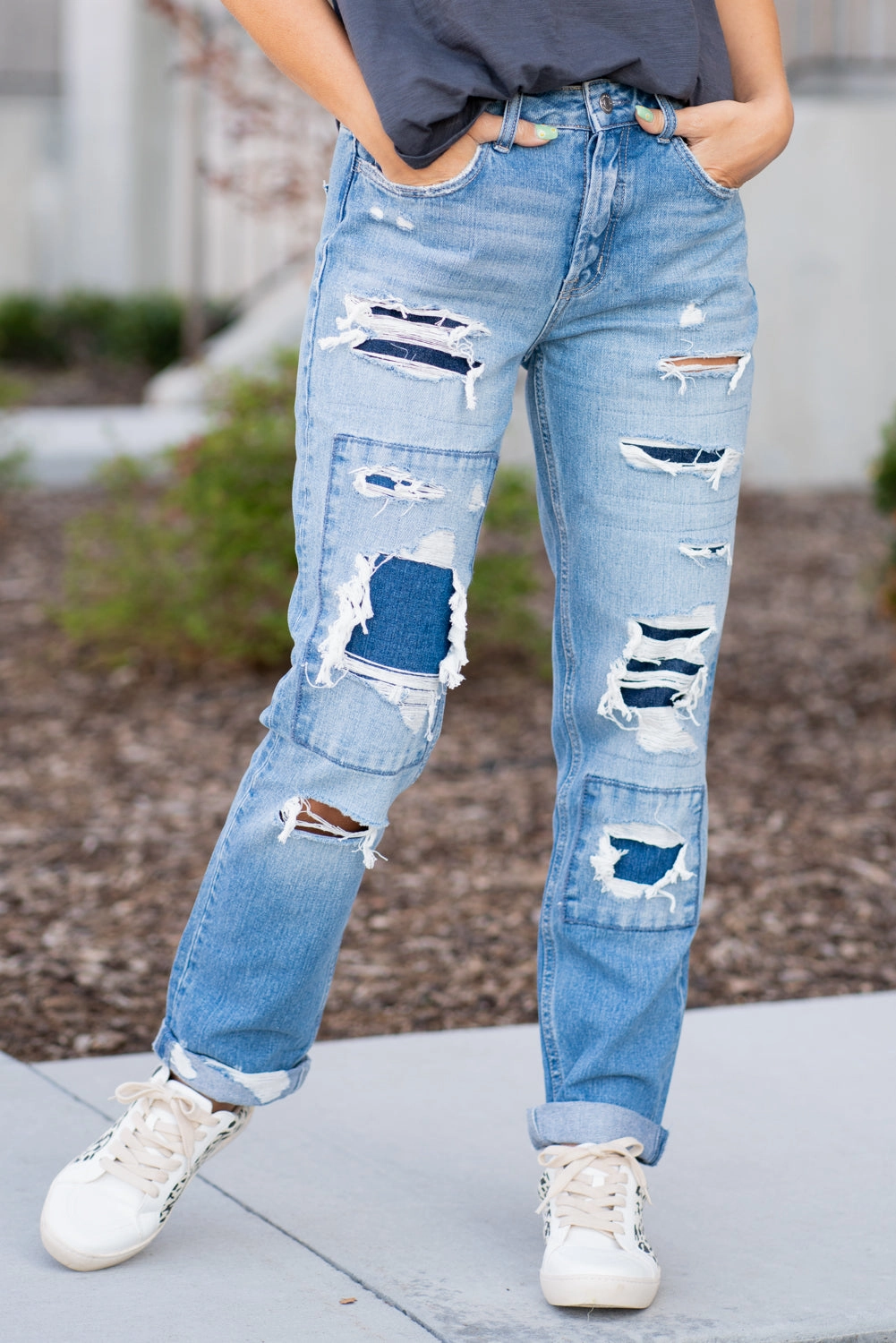 slim fit Luv Story Distressed Patch Boyfriends