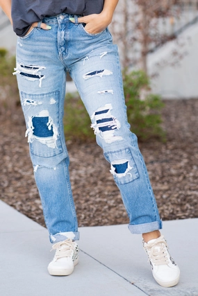 Luv Story Distressed Patch Boyfriends Base Fit Piece Casual Essentials