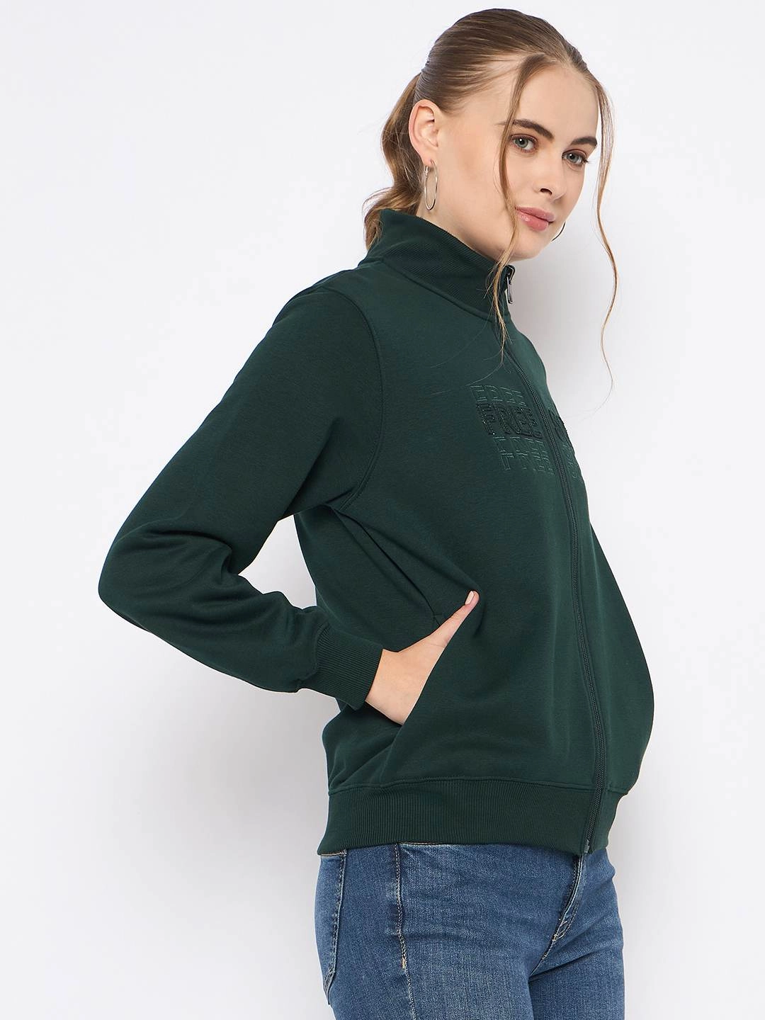 Velvet Madame Fleece Embroidery Detailed Turtleneck Bottle Green Sweatshirt