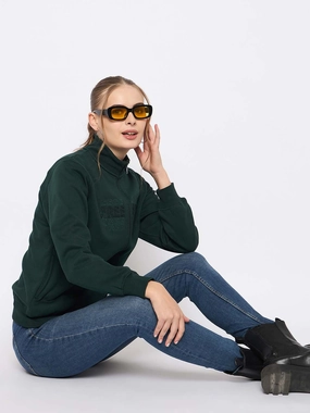 product embroidery artistry Warm and Cozy Madame Fleece Embroidery Detailed Turtleneck Bottle Green Sweatshirt