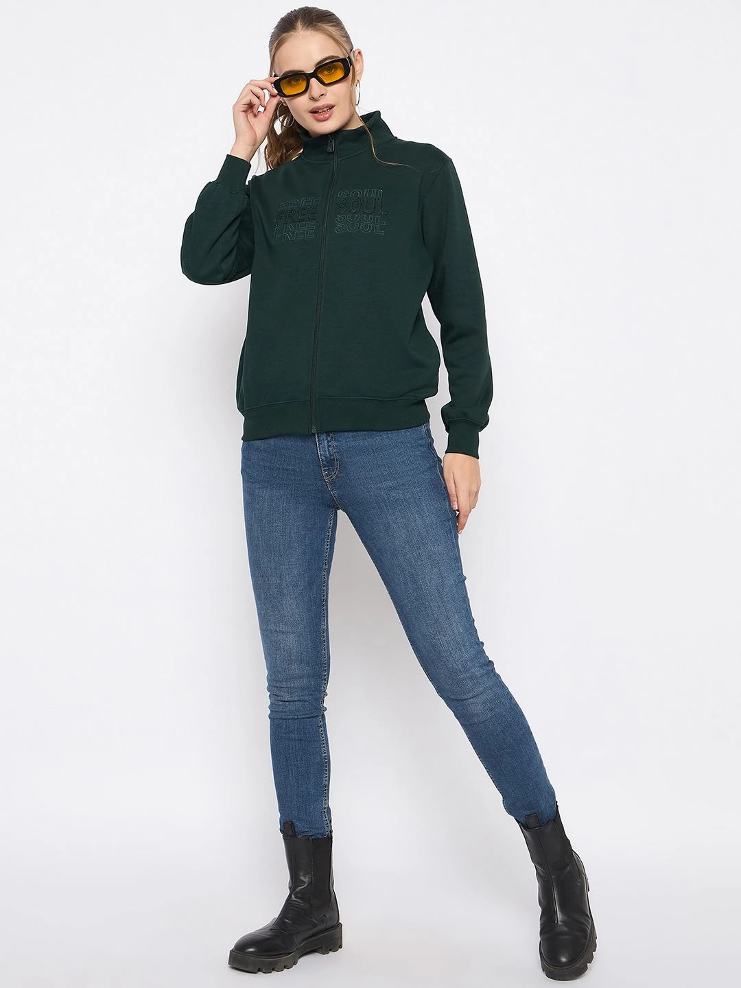 product personalization ideas Madame Fleece Embroidery Detailed Turtleneck Bottle Green Sweatshirt