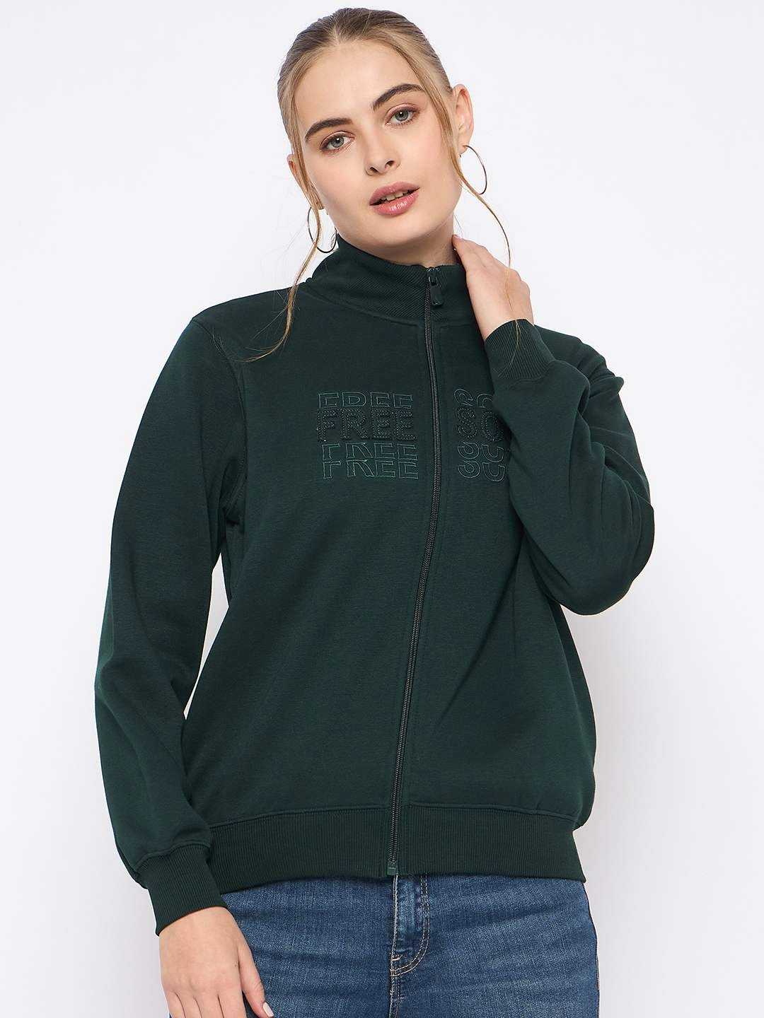 Madame Fleece Embroidery Detailed Turtleneck Bottle Green Sweatshirt goes with high heels Luxury